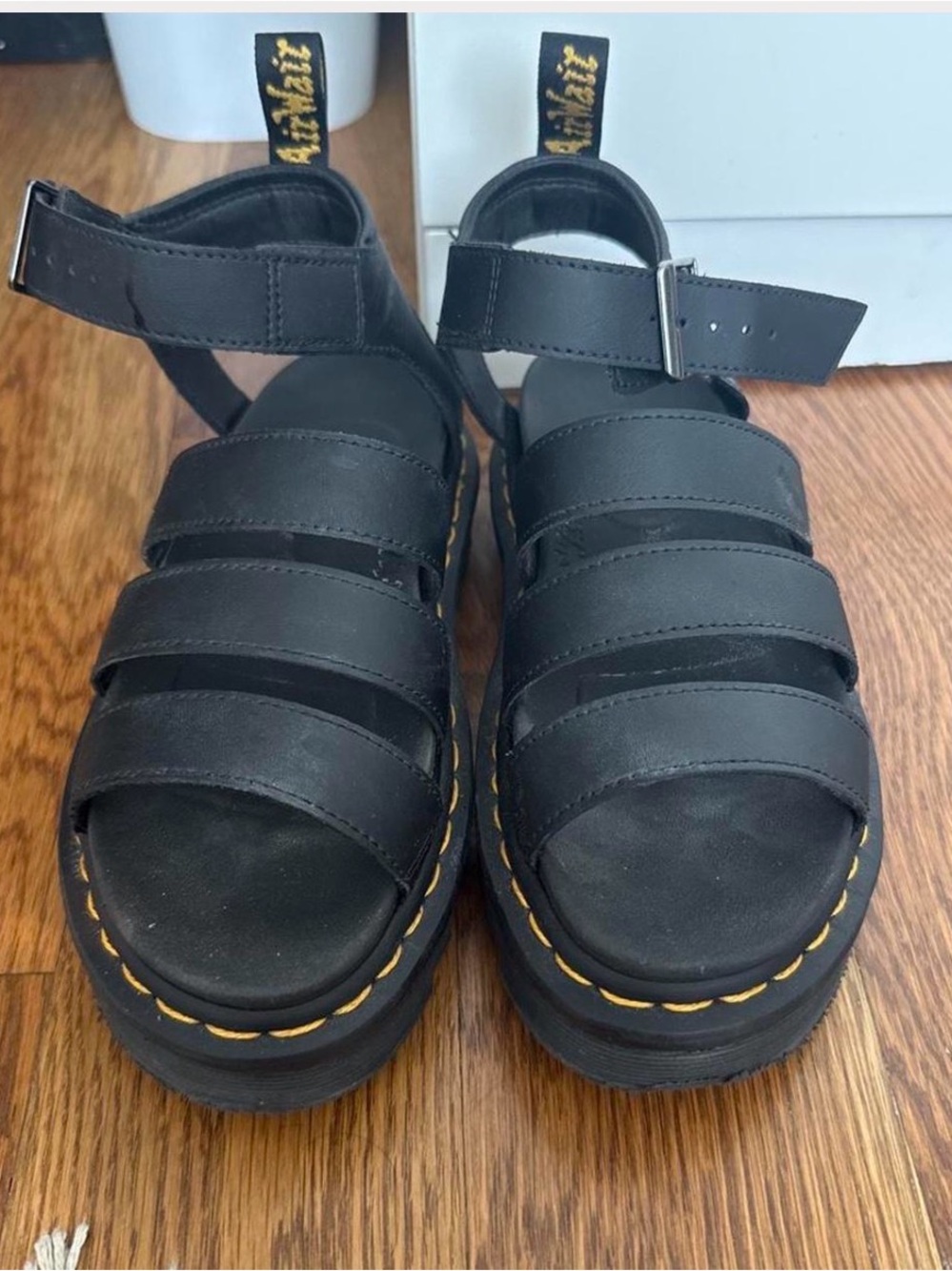 Dr. Martens Black Multi-Strap Platform Sandals with Yellow Stitching